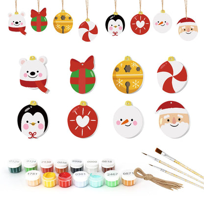 Polar Bear and Penguin Faces ornament set – Eight circular cartoon shapes: polar bear, gift, gold bell, peppermint, penguin, heart, snowman and Santa faces
