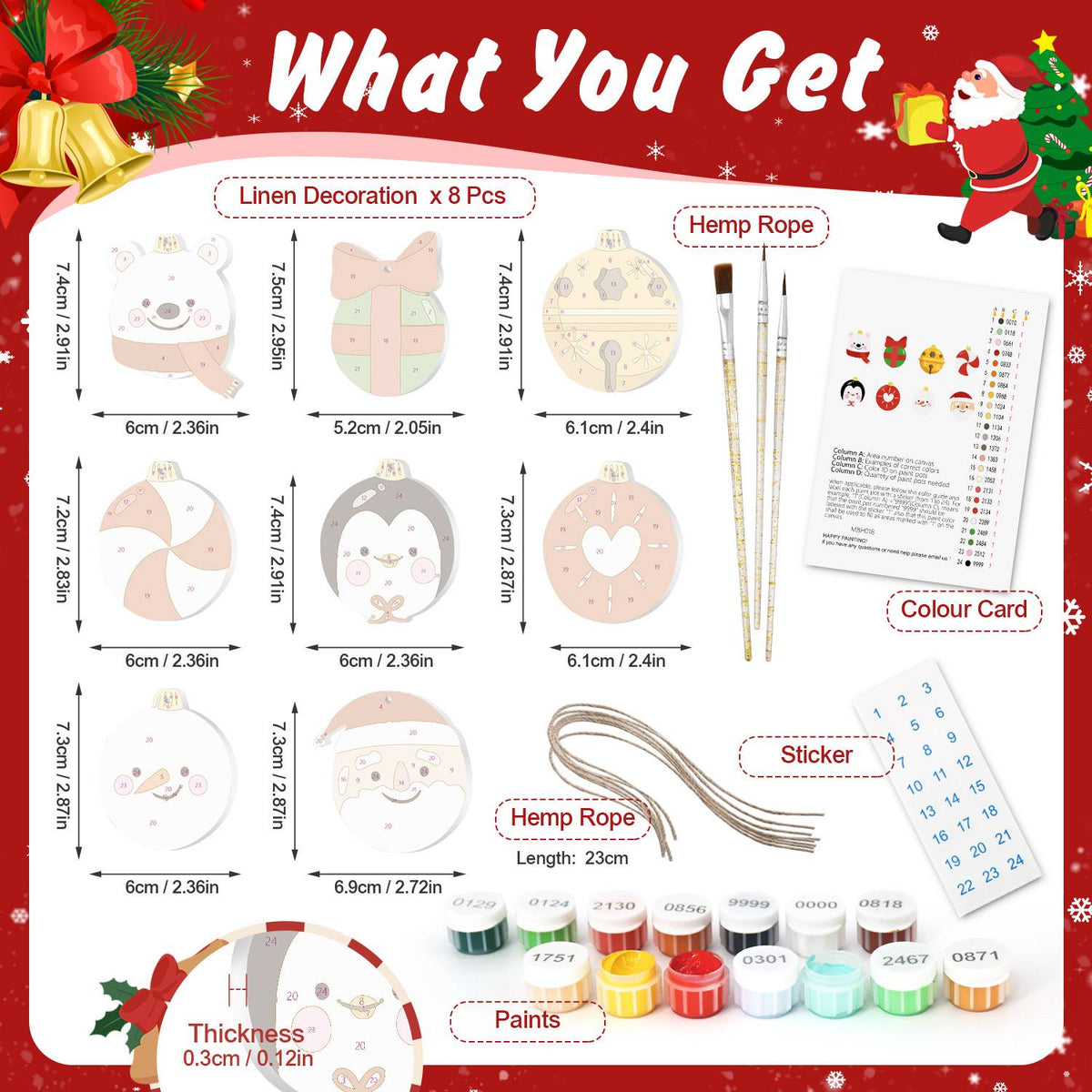 Polar Bear and Penguin Faces ornament set – what's in the kit: the 8 linen ornaments, numbered paints, brushes, hemp rope, color card and stickers