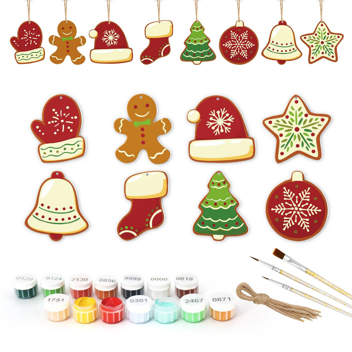 Snowflake Mitten and Santa Hat ornament set – Eight red, green and cream iced cookies: mitten, gingerbread man, Santa hat, star, bell, stocking, tree, bauble
