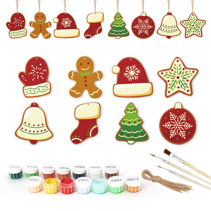 Snowflake Mitten and Santa Hat ornament set – Eight red, green and cream iced cookies: mitten, gingerbread man, Santa hat, star, bell, stocking, tree, bauble