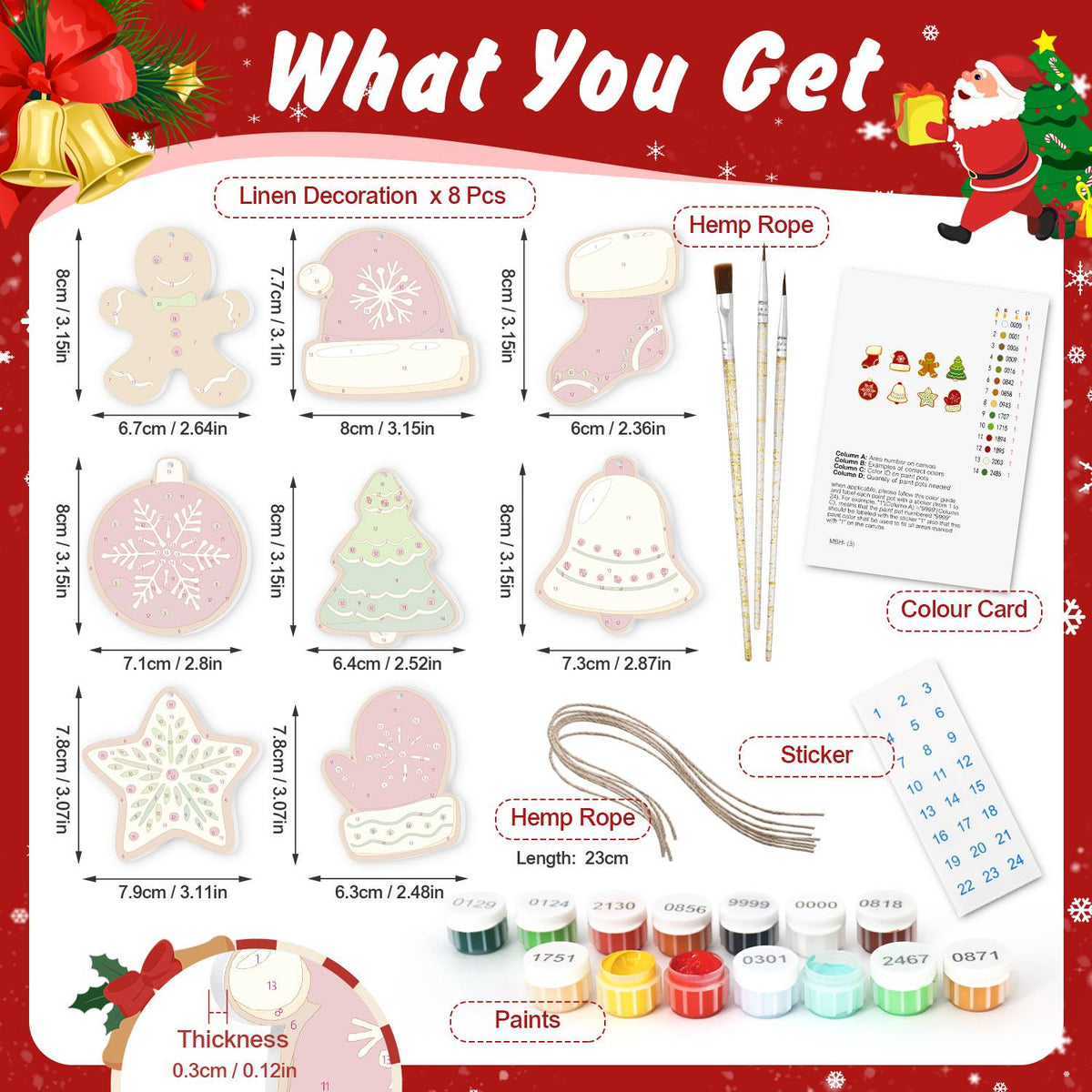 Snowflake Mitten and Santa Hat ornament set – what's in the kit: the 8 linen ornaments, numbered paints, brushes, hemp rope, color card and stickers