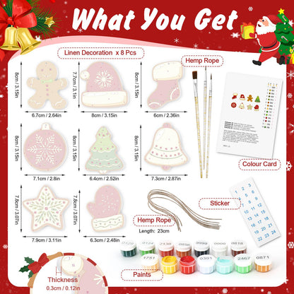 Snowflake Mitten and Santa Hat ornament set – what's in the kit: the 8 linen ornaments, numbered paints, brushes, hemp rope, color card and stickers