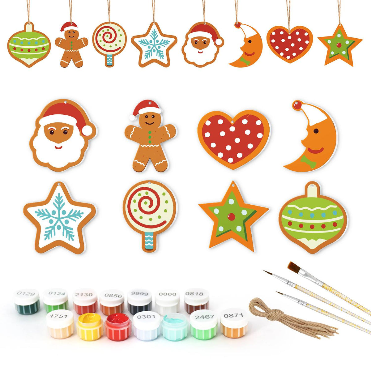 Sleepy Moon and Polka Heart ornament set – Eight iced cookies: Santa, gingerbread man, polka-dot heart, sleepy moon, lollipop, two stars and a bauble
