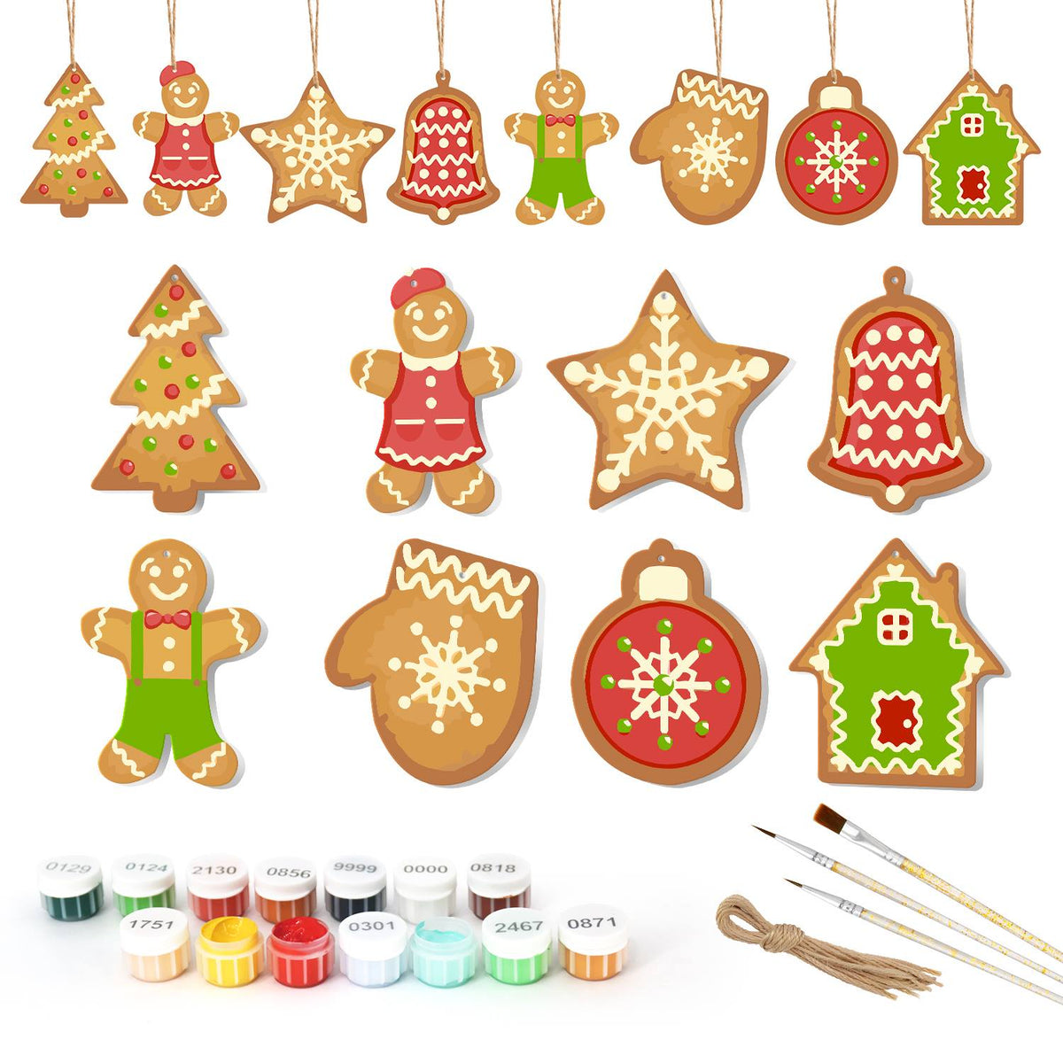 Lace-Iced Bell and Green Cottage ornament set – Eight large lace-iced gingerbread shapes: tree, girl, star, red bell, boy, mitten, red bauble, green-roofed house