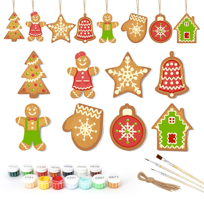 Lace-Iced Bell and Green Cottage ornament set – Eight large lace-iced gingerbread shapes: tree, girl, star, red bell, boy, mitten, red bauble, green-roofed house