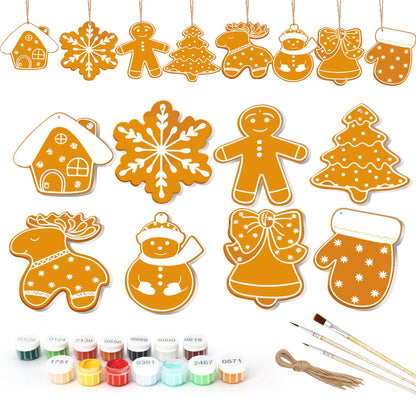 White-Piped Golden Gingerbread ornament set – Eight golden gingerbread cookies piped in white: house, snowflake, man, tree, reindeer, snowman, bow and mitten