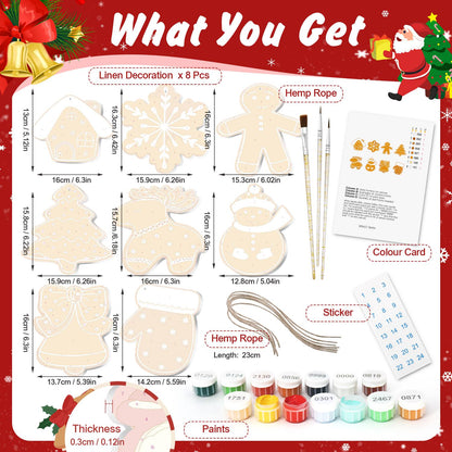 White-Piped Golden Gingerbread ornament set – what's in the kit: the 8 linen ornaments, numbered paints, brushes, hemp rope, color card and stickers