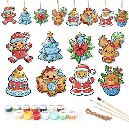 Bluebird Holly and Frosted Tree ornament set – Eight glossy cartoon shapes: gingerbread kid, blue tree, bluebird on holly, reindeer, cupcake, cookie girl, Santa