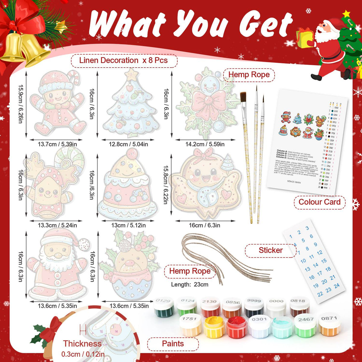 Bluebird Holly and Frosted Tree ornament set – what's in the kit: the 8 linen ornaments, numbered paints, brushes, hemp rope, color card and stickers
