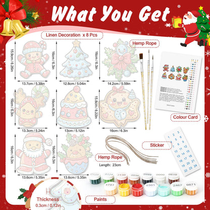 Bluebird Holly and Frosted Tree ornament set – what's in the kit: the 8 linen ornaments, numbered paints, brushes, hemp rope, color card and stickers