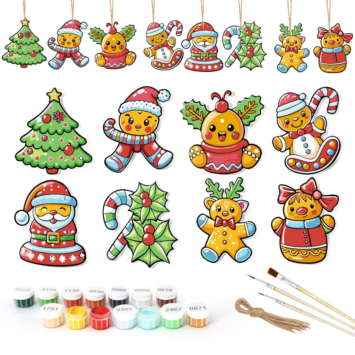 Holly Candy Canes and Cuties ornament set – Eight glossy cartoon shapes: tree, gingerbread boy, chick, girl, Santa, holly candy canes, reindeer and bear