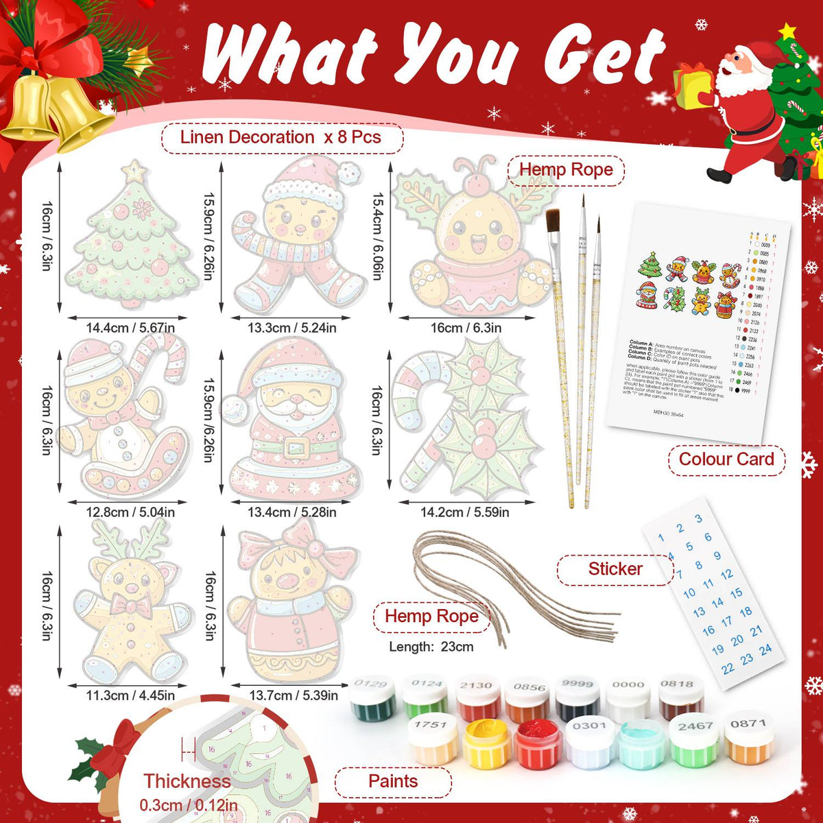 Holly Candy Canes and Cuties ornament set – what's in the kit: the 8 linen ornaments, numbered paints, brushes, hemp rope, color card and stickers