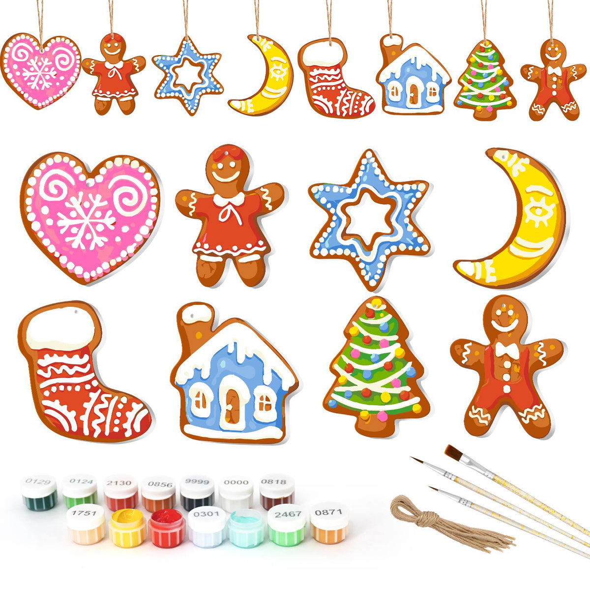 Pink Swirl Heart and Blue House ornament set – Eight large gingerbread cookies: pink heart, girl, blue star, yellow moon, stocking, blue snowy house, tree, man