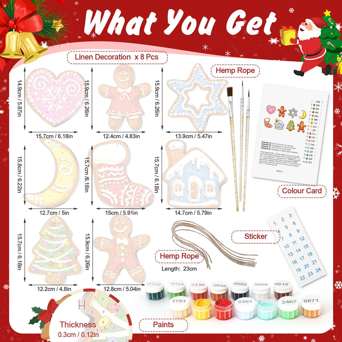 Pink Swirl Heart and Blue House ornament set – what's in the kit: the 8 linen ornaments, numbered paints, brushes, hemp rope, color card and stickers
