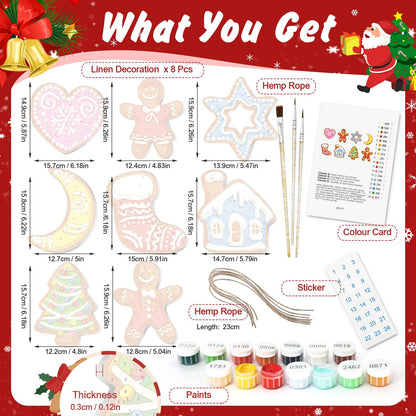 Pink Swirl Heart and Blue House ornament set – what's in the kit: the 8 linen ornaments, numbered paints, brushes, hemp rope, color card and stickers