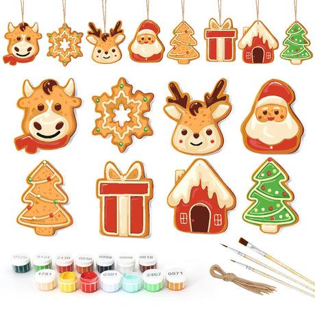 Jolly Cow and Snowy Cottage ornament set – Eight large gingerbread cookies: cow face, snowflake, reindeer, Santa, two trees, red gift box and snowy house