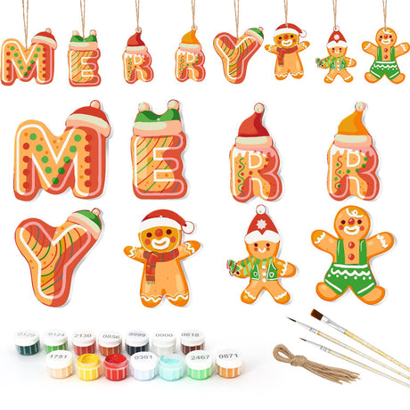Merry Letters in Santa Hats ornament set – Gingerbread letters spelling MERRY in Santa hats, plus three gingerbread people in scarves and green outfits