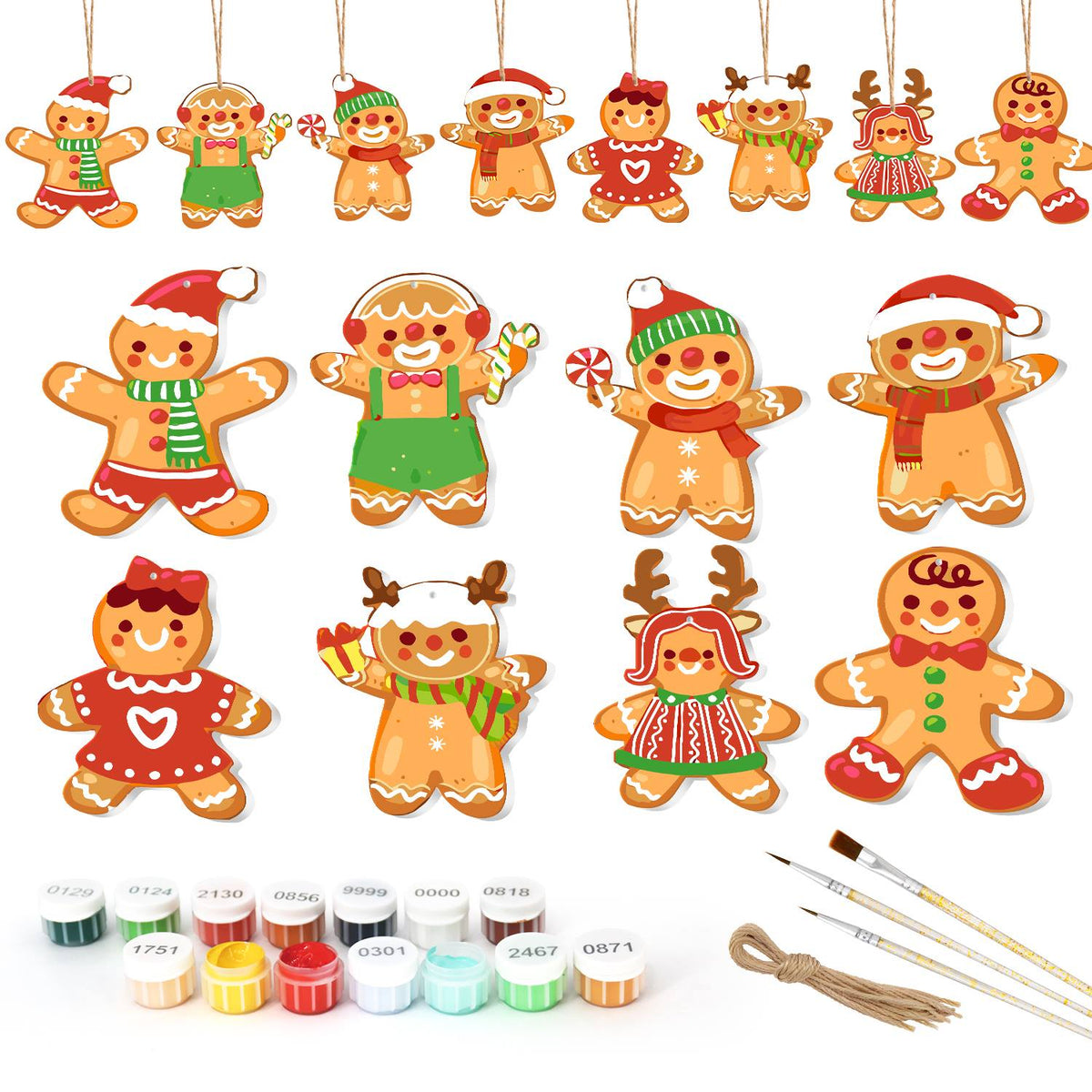 Dressed-Up Gingerbread Crowd ornament set – Eight gingerbread people dressed in Santa hats, earmuffs, beanies, antlers, bows and scarves