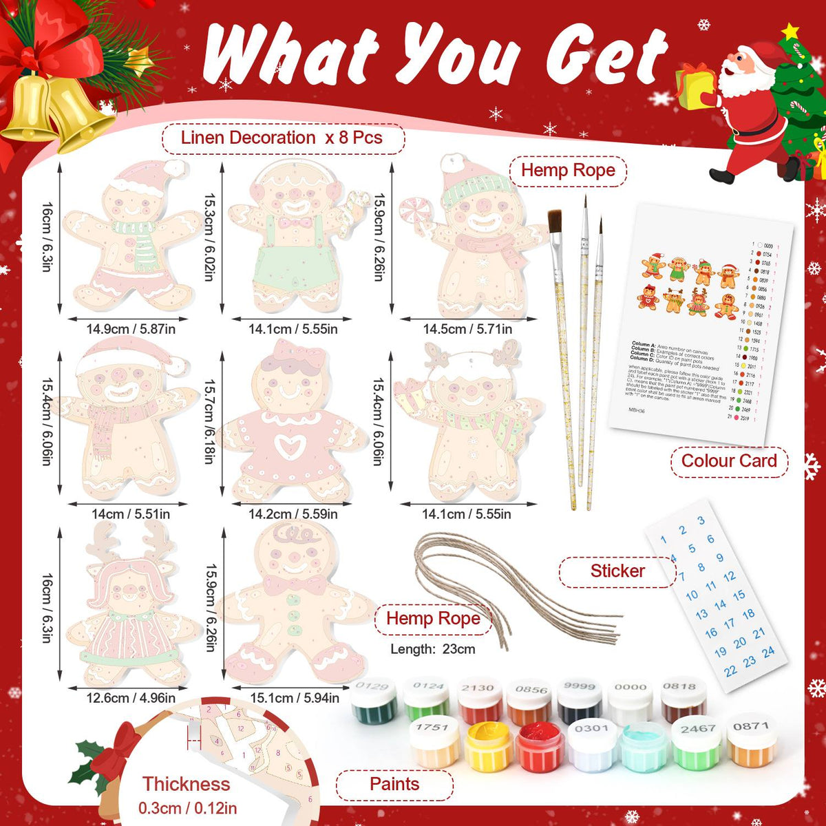 Dressed-Up Gingerbread Crowd ornament set – what's in the kit: the 8 linen ornaments, numbered paints, brushes, hemp rope, color card and stickers