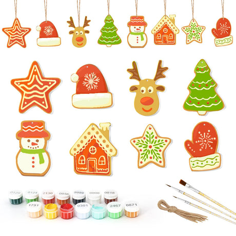 Wavy-Striped Star and Snowman ornament set – Eight large iced cookies: wavy star, Santa hat, reindeer, green tree, snowman, orange house, green star, red mitten