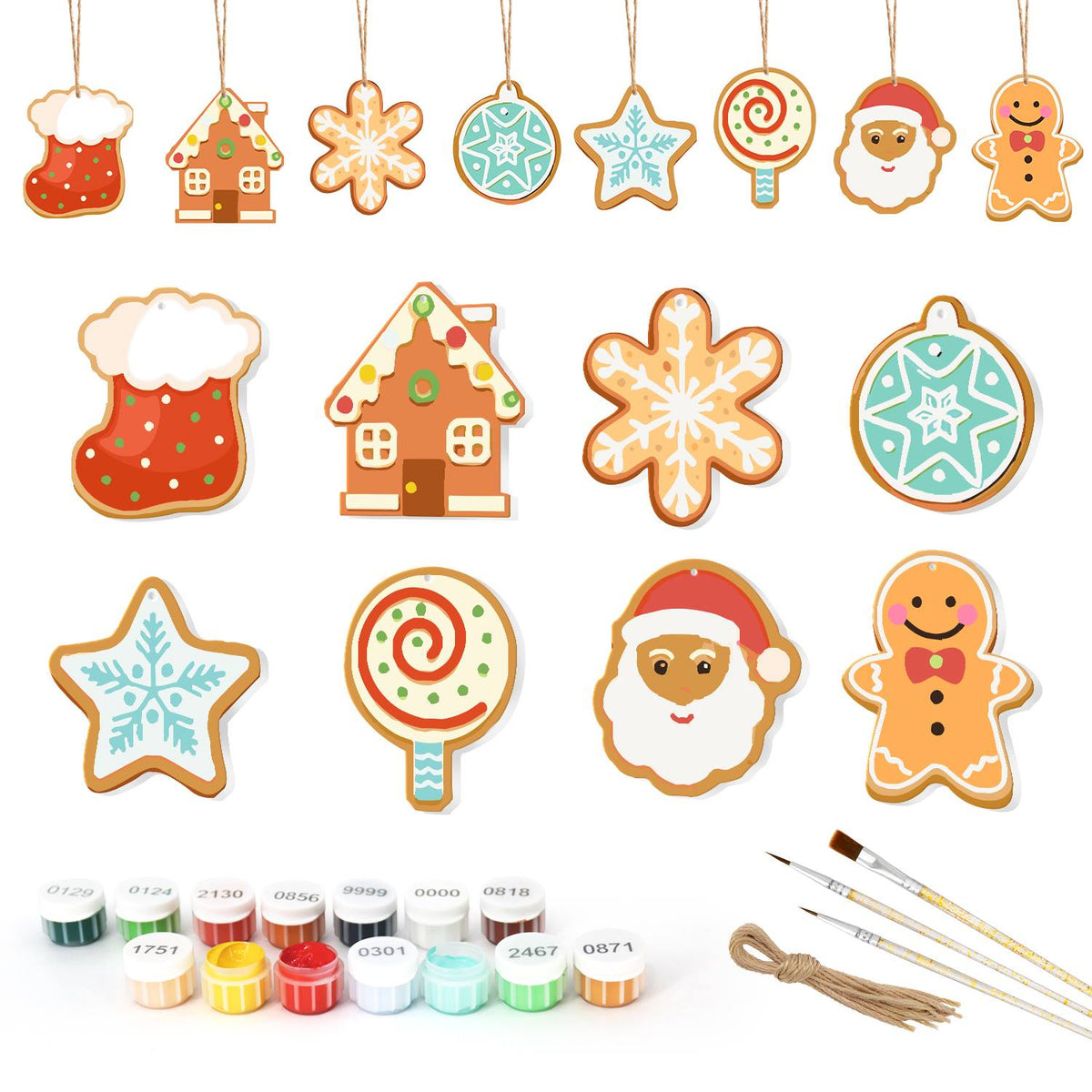 Teal Bauble and Swirl Lollipop ornament set – Eight pastel-iced cookies: stocking, house, snowflake, teal bauble, blue star, lollipop, Santa and gingerbread man