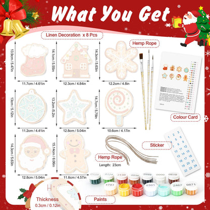 Teal Bauble and Swirl Lollipop ornament set – what's in the kit: the 8 linen ornaments, numbered paints, brushes, hemp rope, color card and stickers