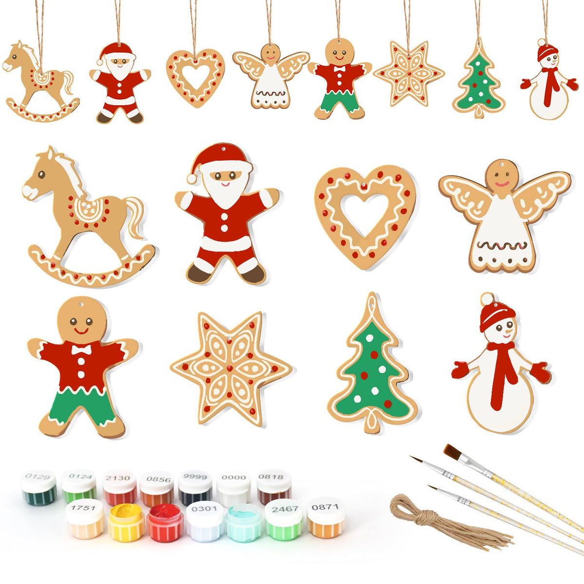 Lace Heart and Gingerbread Angel ornament set – Eight large gingerbread cookies: rocking horse, Santa, open lace heart, angel, man, star, tree, snowman in scarf