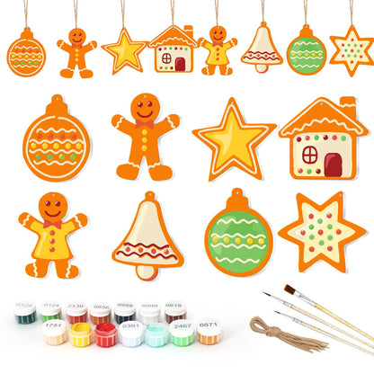 Tangerine Gingerbread and Stars ornament set – Eight orange-toned cookies: striped bauble, gingerbread boy and girl, yellow star, house, bell, green bauble, star