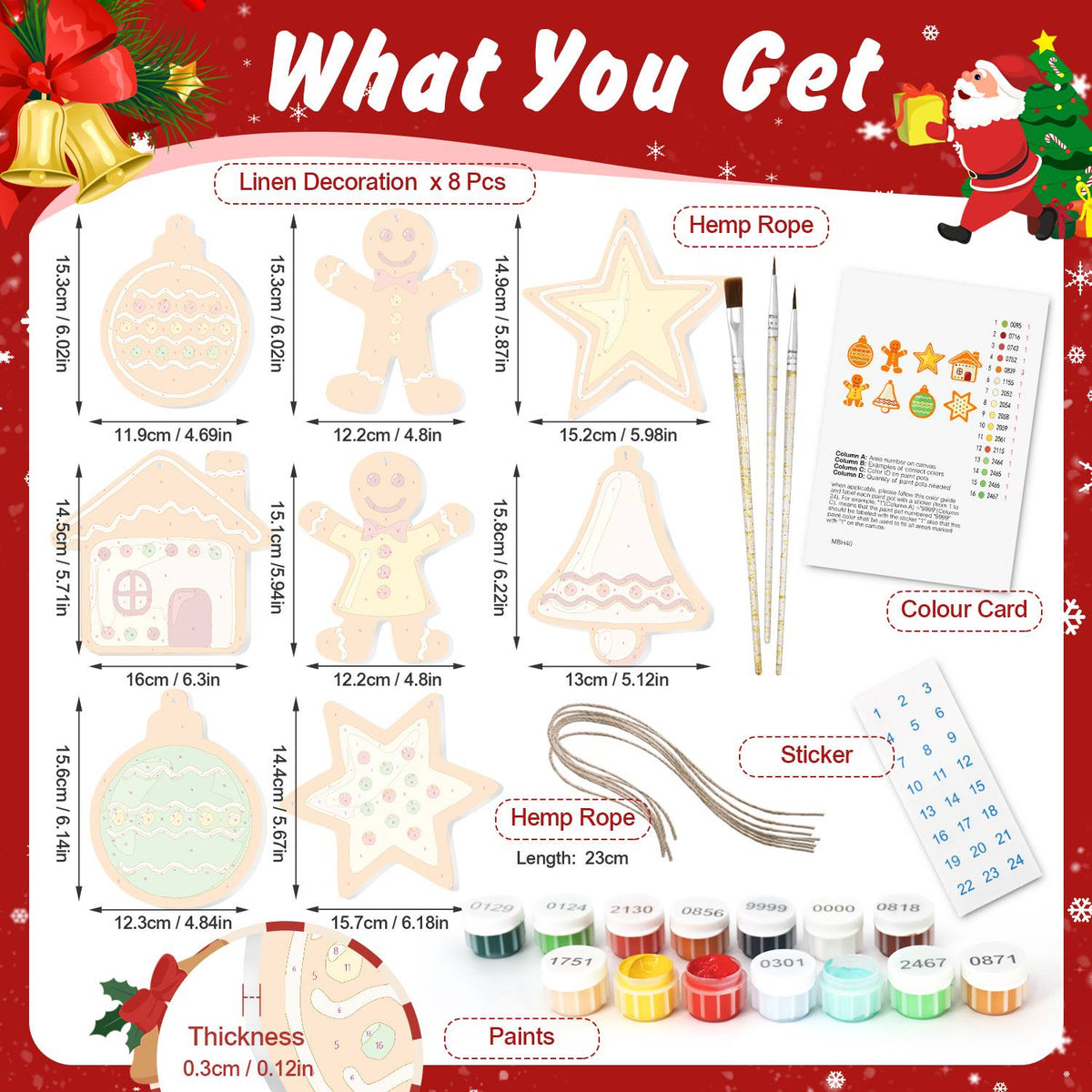 Tangerine Gingerbread and Stars ornament set – what's in the kit: the 8 linen ornaments, numbered paints, brushes, hemp rope, color card and stickers
