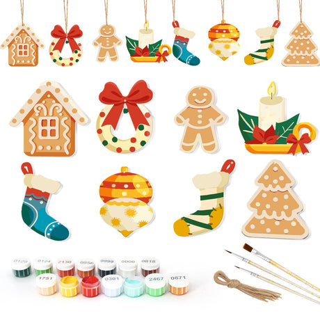 Candlelight Wreath and Stockings ornament set – Eight shapes: gingerbread house, bow wreath, gingerbread man, candle with holly, two stockings, bauble, cookie tree