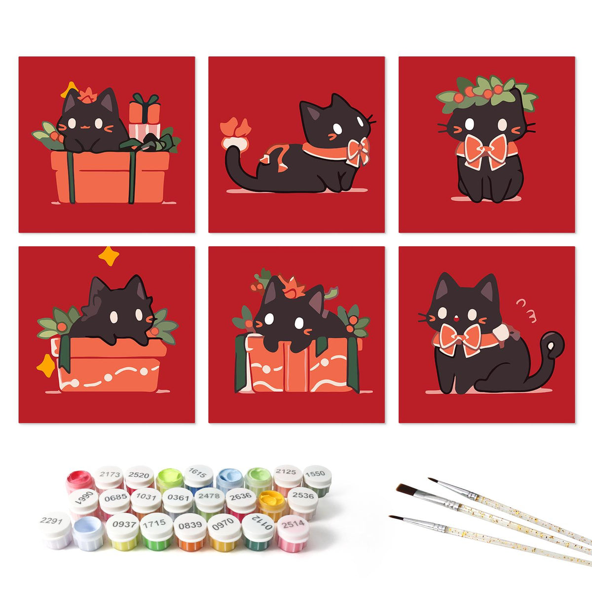 Black Cats in Gift Boxes mini board kit – the 6 designs with the paint pots and brushes