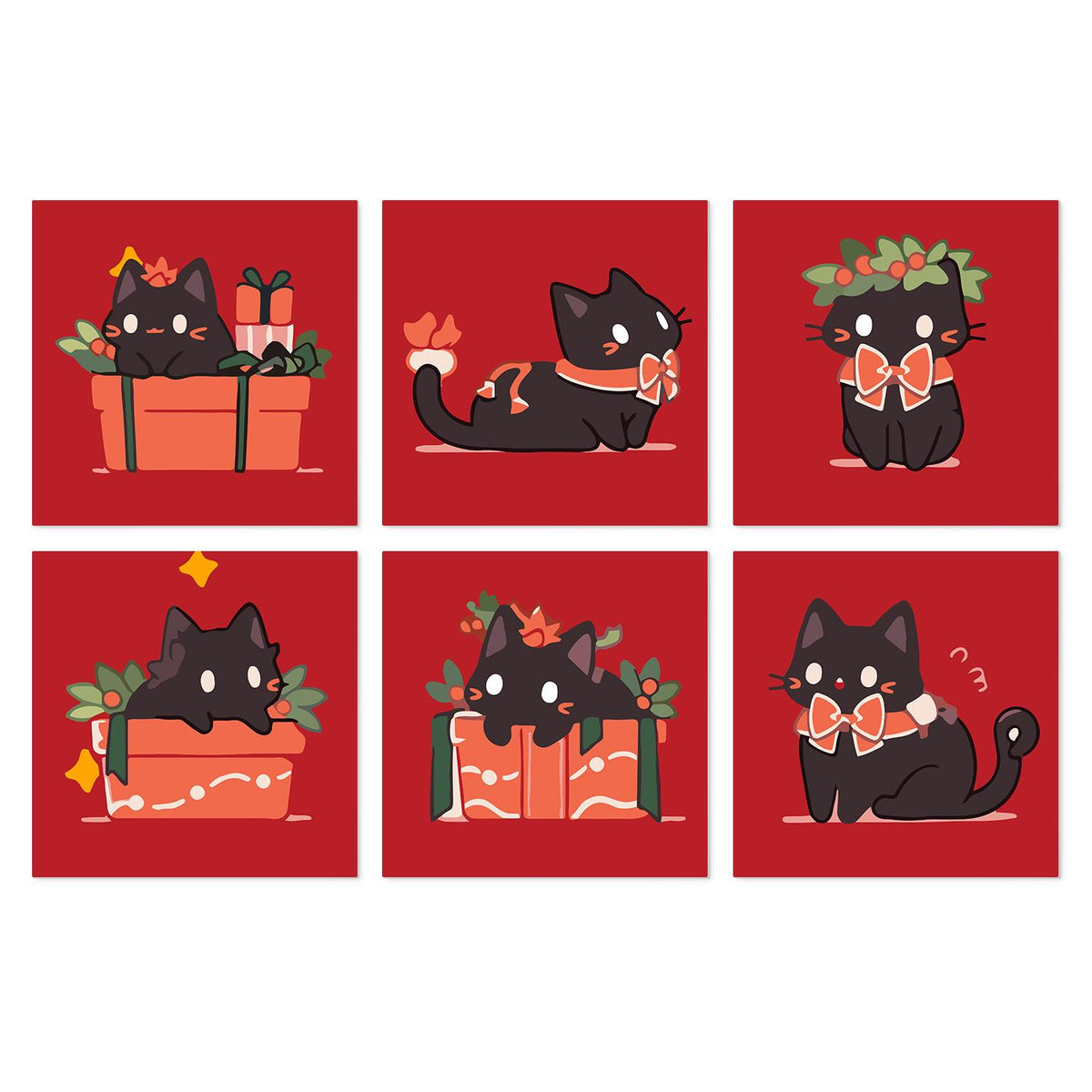 Black Cats in Gift Boxes mini board kit – Black cats with red bow ties on red, peeking from gift boxes, wearing holly wreaths and lounging