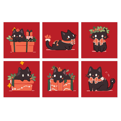 Black Cats in Gift Boxes mini board kit – Black cats with red bow ties on red, peeking from gift boxes, wearing holly wreaths and lounging