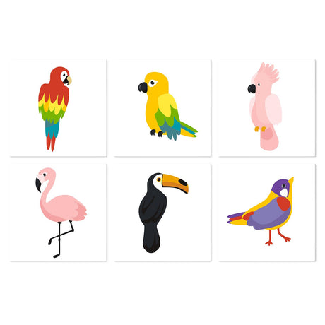 Tropical Bird Parade mini board kit – Scarlet macaw, yellow parrot, pink cockatoo, flamingo, toucan and a colorful finch on white