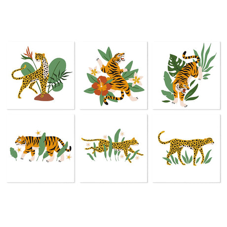 Prowling Tigers and Leopards mini board kit – Tigers, leopards and cheetahs prowling and leaping among tropical leaves and flowers on white