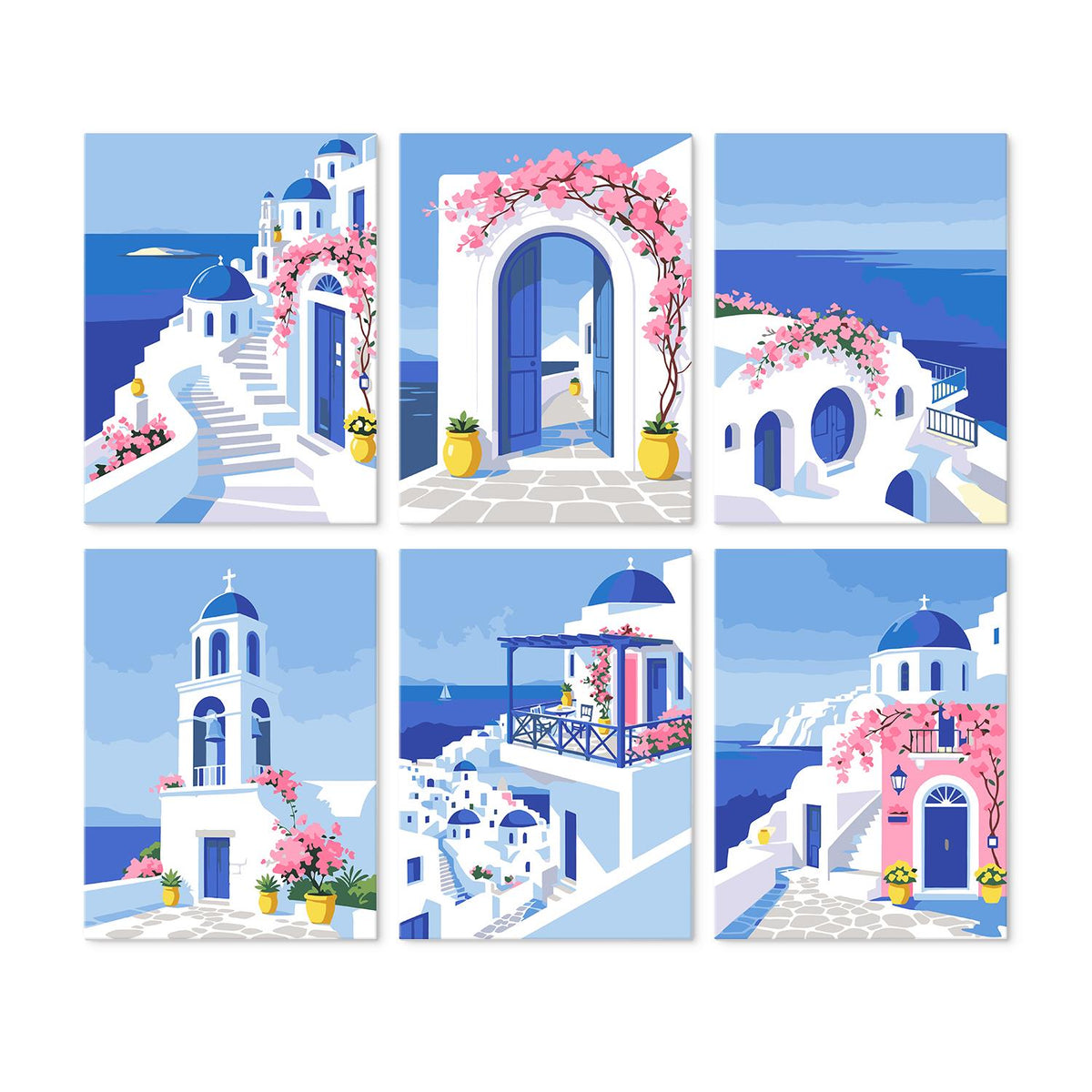 Blue Domes and Bougainvillea mini board kit – Whitewashed Greek island houses with blue domes, arched doors, pink bougainvillea and steps above a blue sea