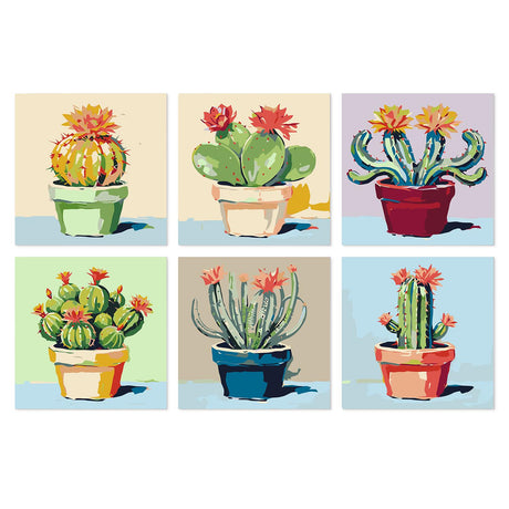 Blooming Potted Cacti mini board kit – Flowering cacti with red and pink blooms in colorful clay pots on soft pastel backgrounds