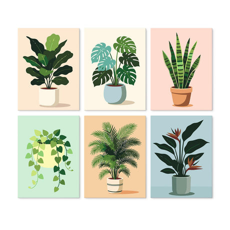 Monstera and Snake Plant Pots mini board kit – Potted houseplants: fiddle leaf fig, monstera, snake plant, trailing pothos, palm and bird of paradise