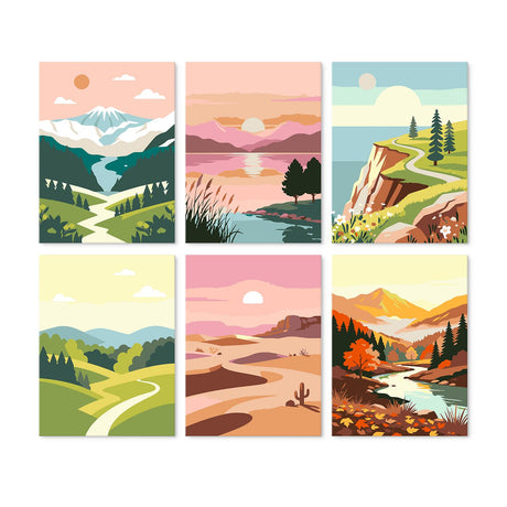 Winding Trails and Desert Dunes mini board kit – Landscapes: snowy peaks with a trail, pink lake at sunset, cliffside pines, green hills, desert dunes, autumn river