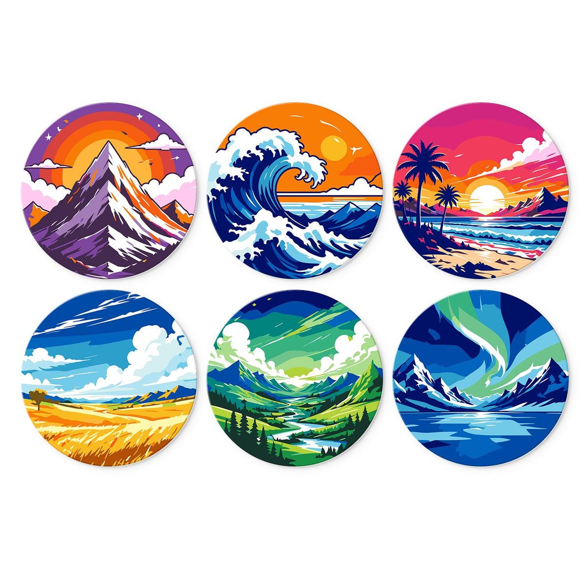 Aurora and Ocean Wave Vistas mini board kit – Vivid landscapes: sunset peak, curling ocean wave, palm beach at dusk, wheat field, green river valley, aurora
