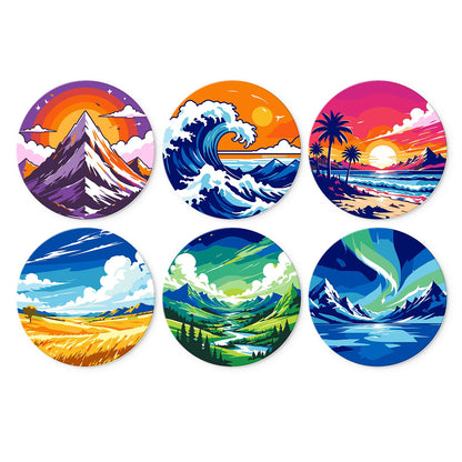 Aurora and Ocean Wave Vistas mini board kit – Vivid landscapes: sunset peak, curling ocean wave, palm beach at dusk, wheat field, green river valley, aurora