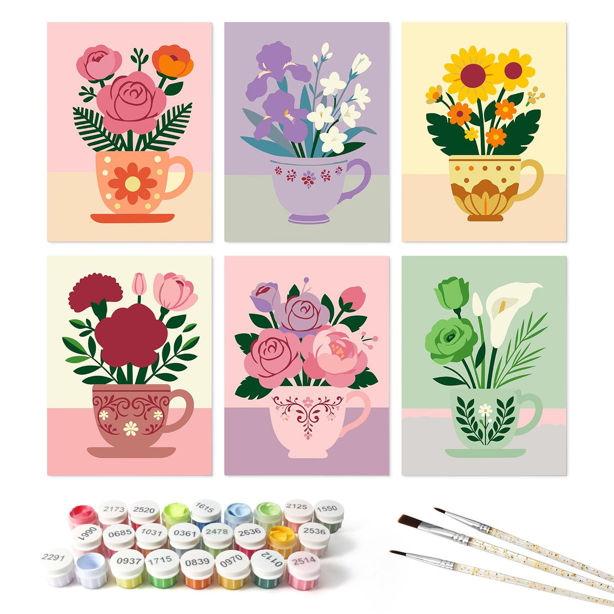 Sunflowers and Roses in Teacups mini board kit – the 6 designs with the paint pots and brushes