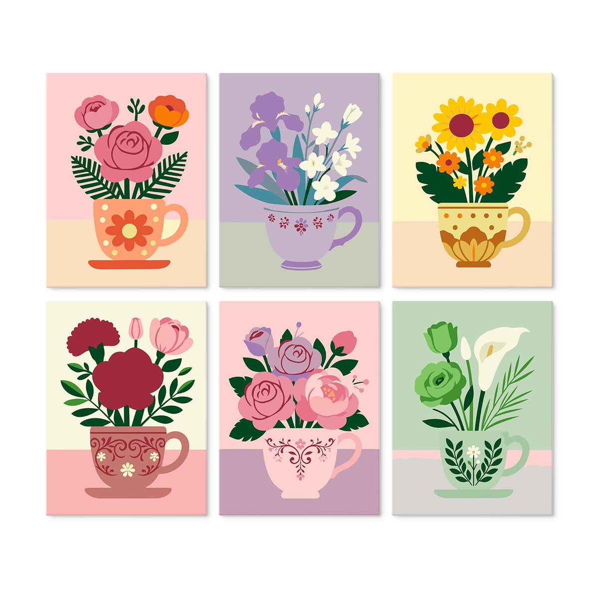 Sunflowers and Roses in Teacups mini board kit – Bouquets in teacups: pink roses, purple irises, sunflowers, red carnations, pink roses and green lisianthus