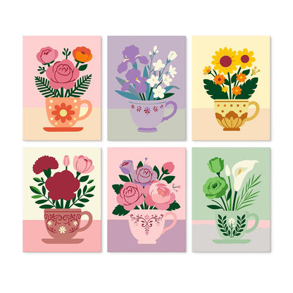 Sunflowers and Roses in Teacups mini board kit – Bouquets in teacups: pink roses, purple irises, sunflowers, red carnations, pink roses and green lisianthus