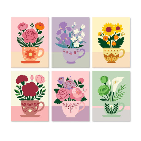 Sunflowers and Roses in Teacups mini board kit – Bouquets in teacups: pink roses, purple irises, sunflowers, red carnations, pink roses and green lisianthus