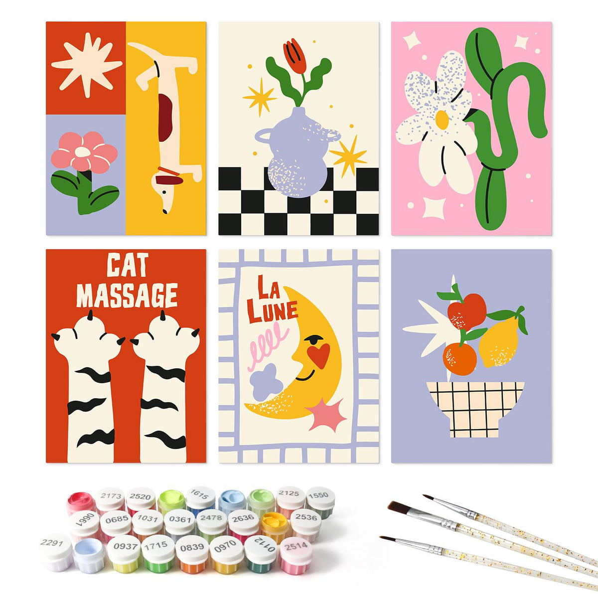 Cat Paw Massage Retro Prints mini board kit – the 6 designs with the paint pots and brushes