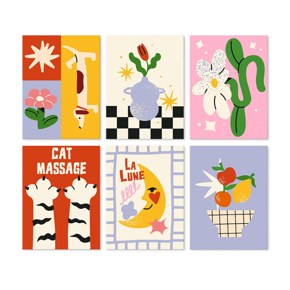 Cat Paw Massage Retro Prints mini board kit – Retro posters: star and flower collage, tulip vase, daisy and cactus, cat paws, smiling moon, fruit bowl