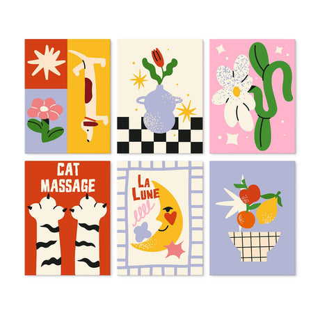 Cat Paw Massage Retro Prints mini board kit – Retro posters: star and flower collage, tulip vase, daisy and cactus, cat paws, smiling moon, fruit bowl
