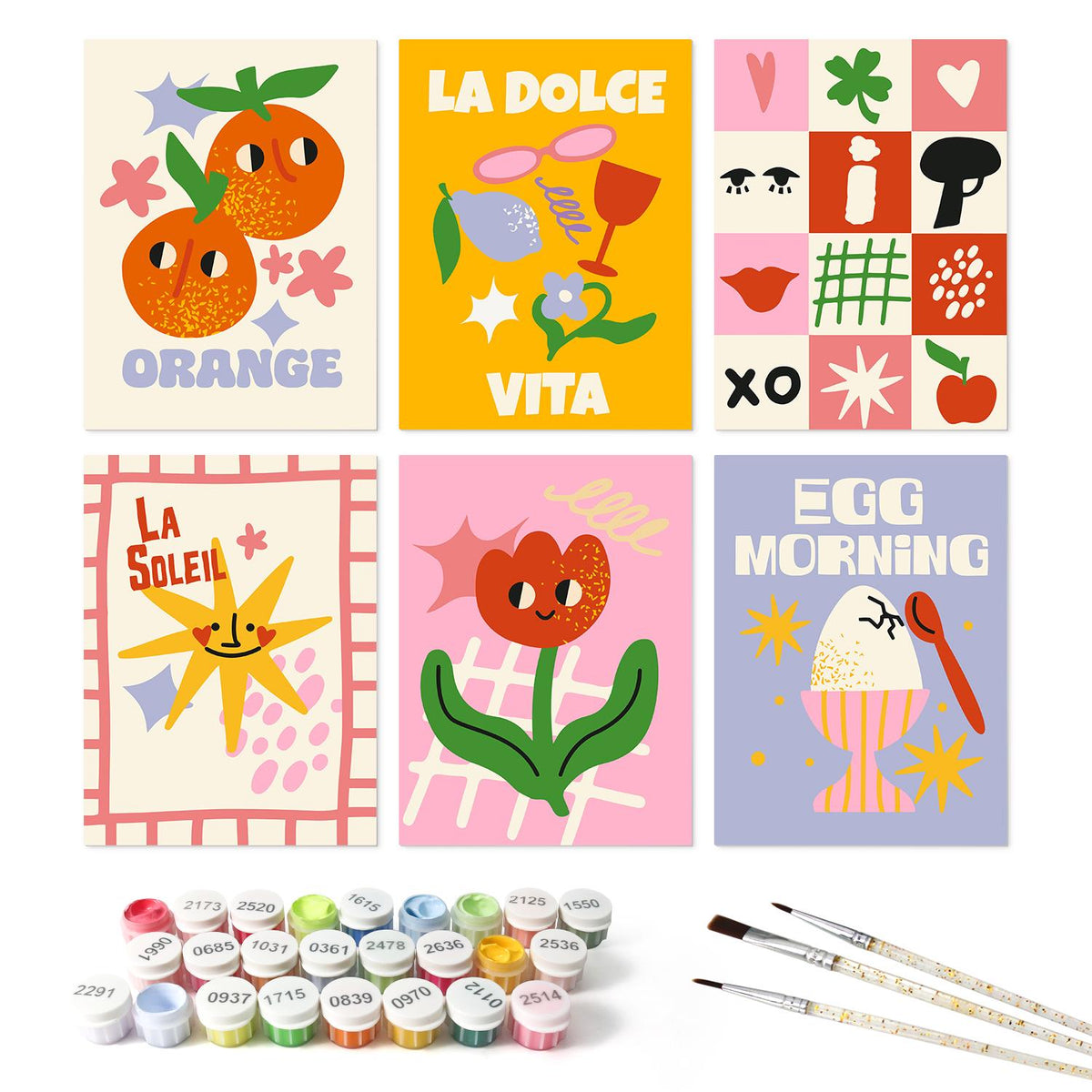 Smiling Sun and Orange Posters mini board kit – the 6 designs with the paint pots and brushes