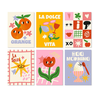 Smiling Sun and Orange Posters mini board kit – Retro posters: smiling oranges, sunglasses and cocktail, icon grid, smiling sun, red tulip, boiled egg